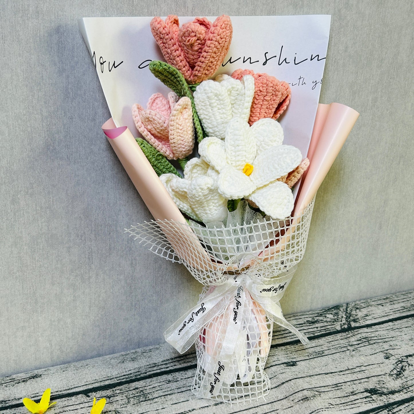 Finished Crochet Flower Bouquet Artificial Tulip Faux Flower Decoration ornaments, Anniversary Handmade knitted Gift for her
