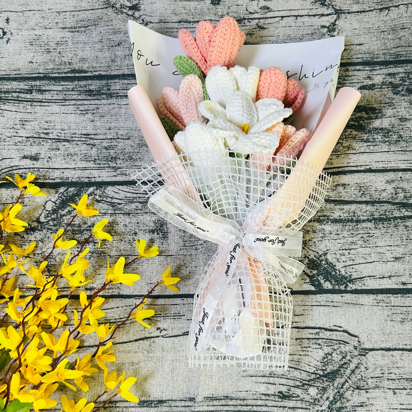 Finished Crochet Flower Bouquet Artificial Tulip Faux Flower Decoration ornaments, Anniversary Handmade knitted Gift for her