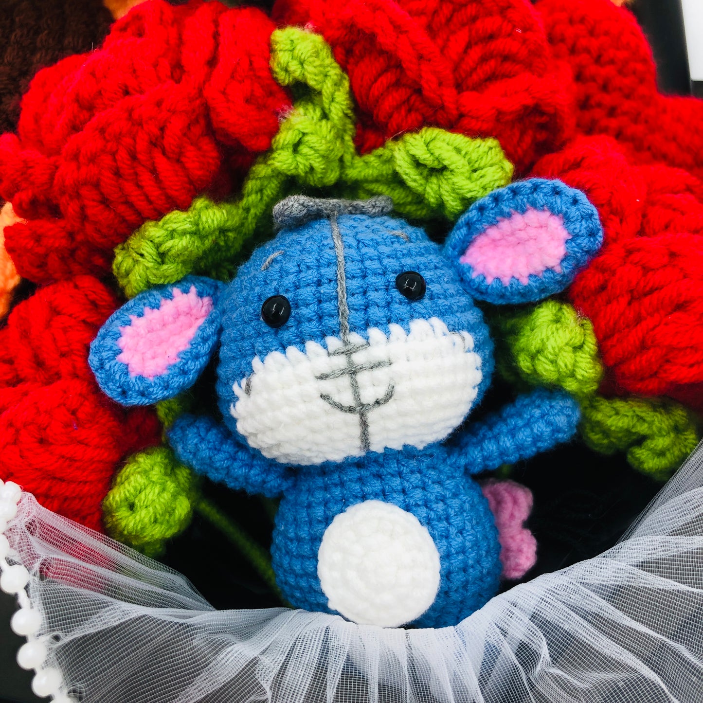 Handmade Crochet Flower Bouquet with Blue donkey – Knitted Roses, Sunflowers & Lily Gift for Birthday, Valentine’s Day, or Home Décor