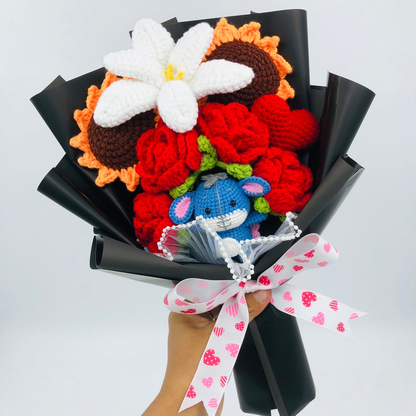 Handmade Crochet Flower Bouquet with Blue donkey – Knitted Roses, Sunflowers & Lily Gift for Birthday, Valentine’s Day, or Home Décor