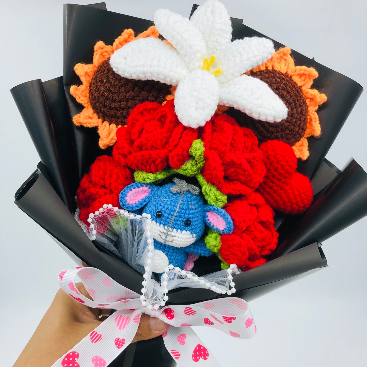Handmade Crochet Flower Bouquet with Blue donkey – Knitted Roses, Sunflowers & Lily Gift for Birthday, Valentine’s Day, or Home Décor