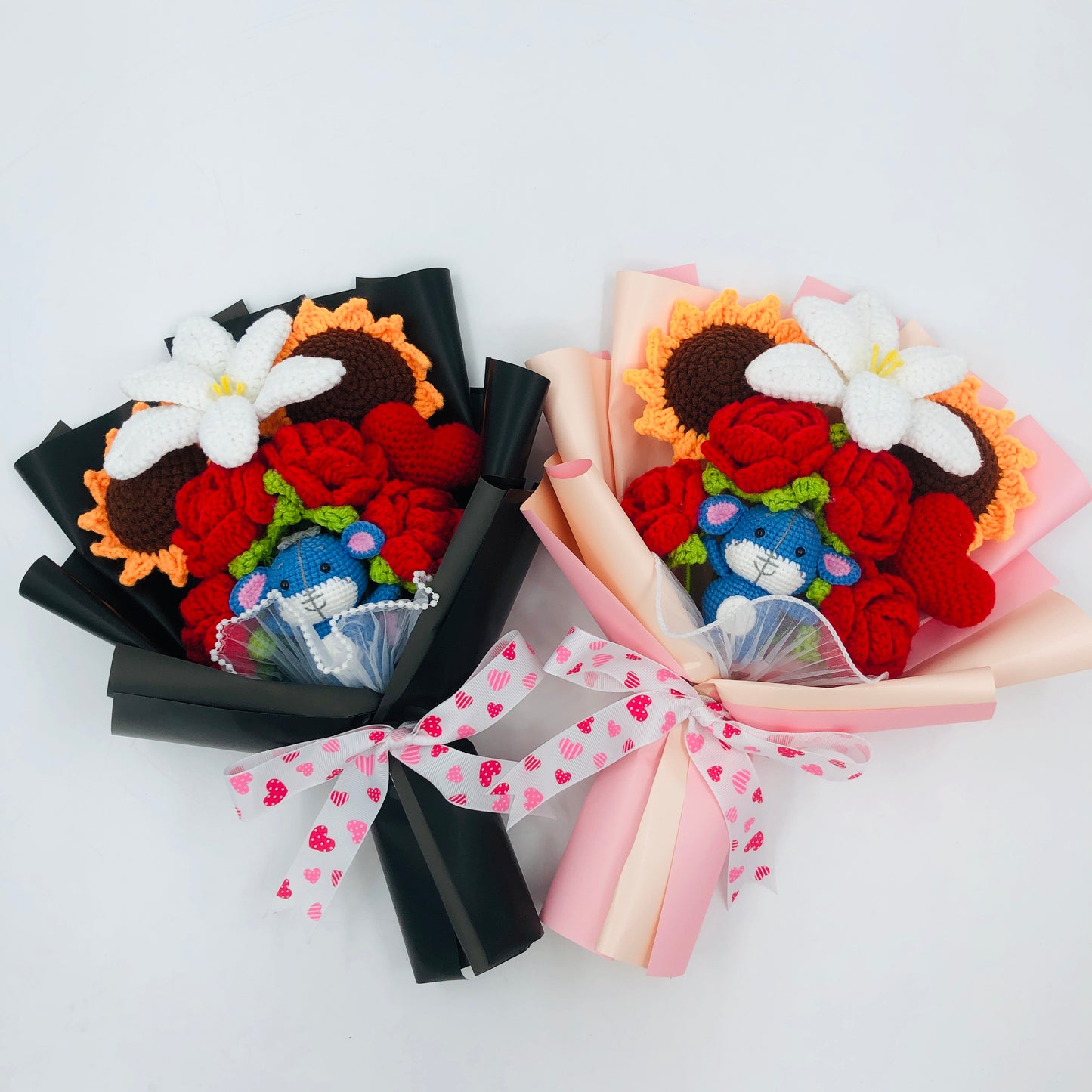 Handmade Crochet Flower Bouquet with Blue donkey – Knitted Roses, Sunflowers & Lily Gift for Birthday, Valentine’s Day, or Home Décor