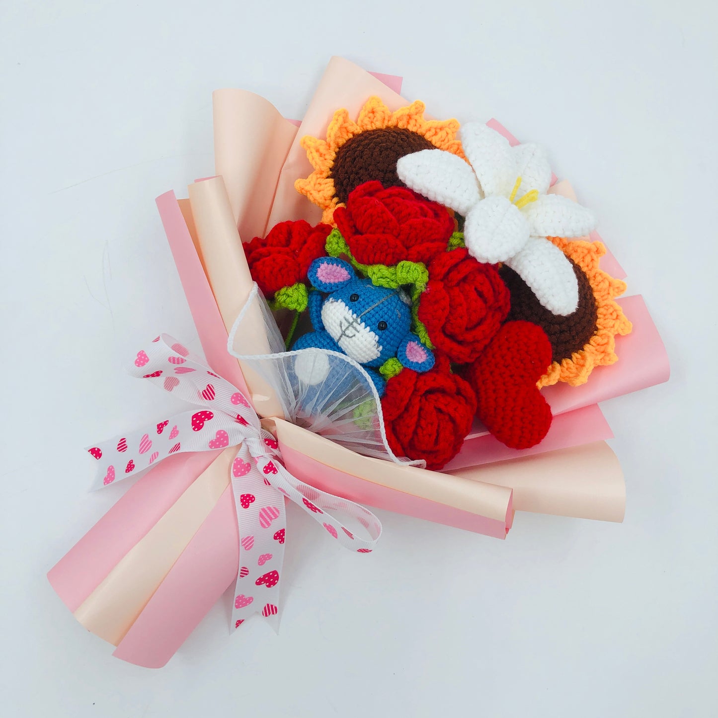Handmade Crochet Flower Bouquet with Blue donkey – Knitted Roses, Sunflowers & Lily Gift for Birthday, Valentine’s Day, or Home Décor