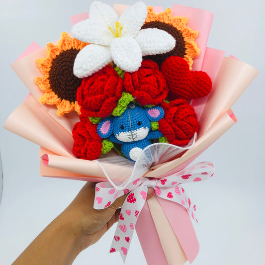 Handmade Crochet Flower Bouquet with Blue donkey – Knitted Roses, Sunflowers & Lily Gift for Birthday, Valentine’s Day, or Home Décor