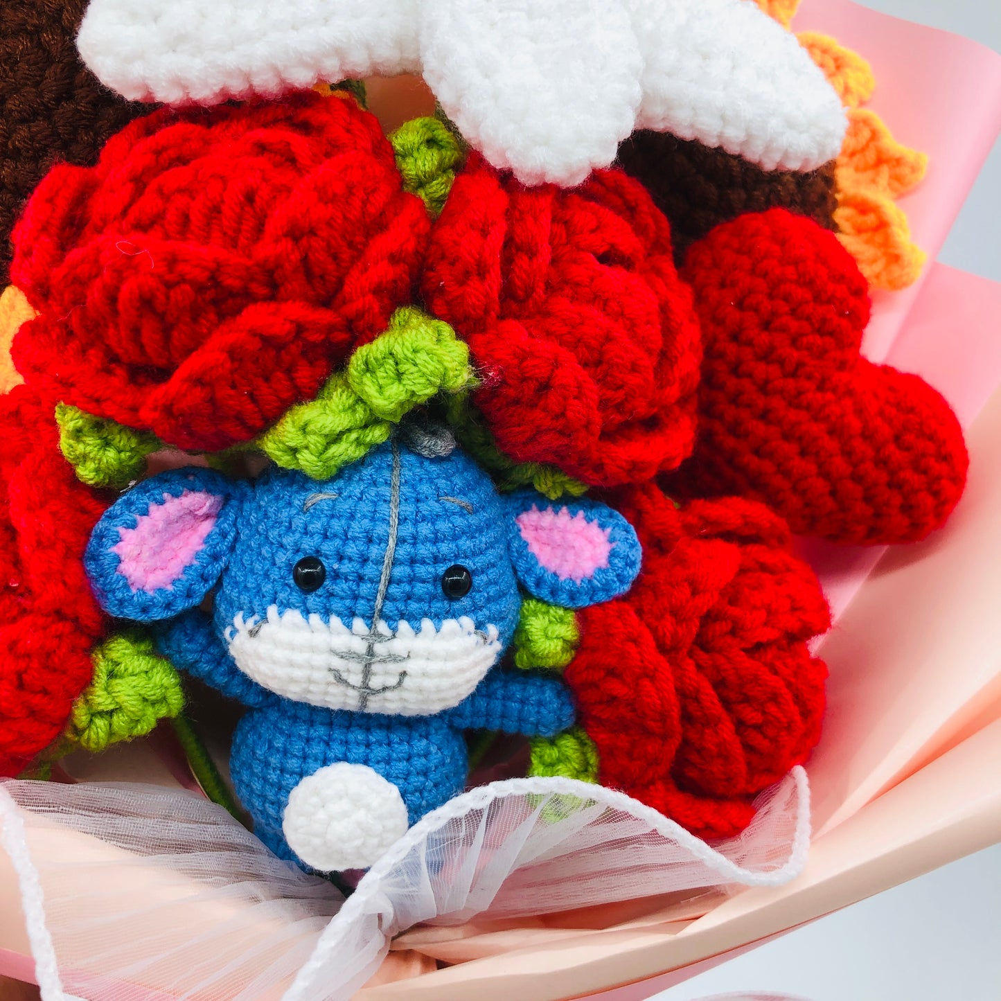Handmade Crochet Flower Bouquet with Blue donkey – Knitted Roses, Sunflowers & Lily Gift for Birthday, Valentine’s Day, or Home Décor