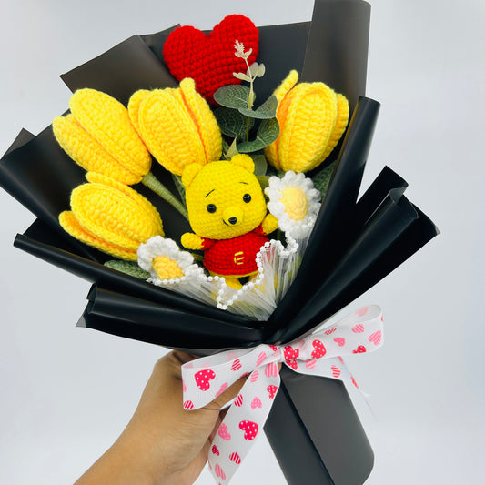 🧸 Handmade Crochet  Bear pooh Flower Bouquet – Knitted Yellow Tulips & Daisies Gift with Heart for Birthday, Anniversary, or Home Décor