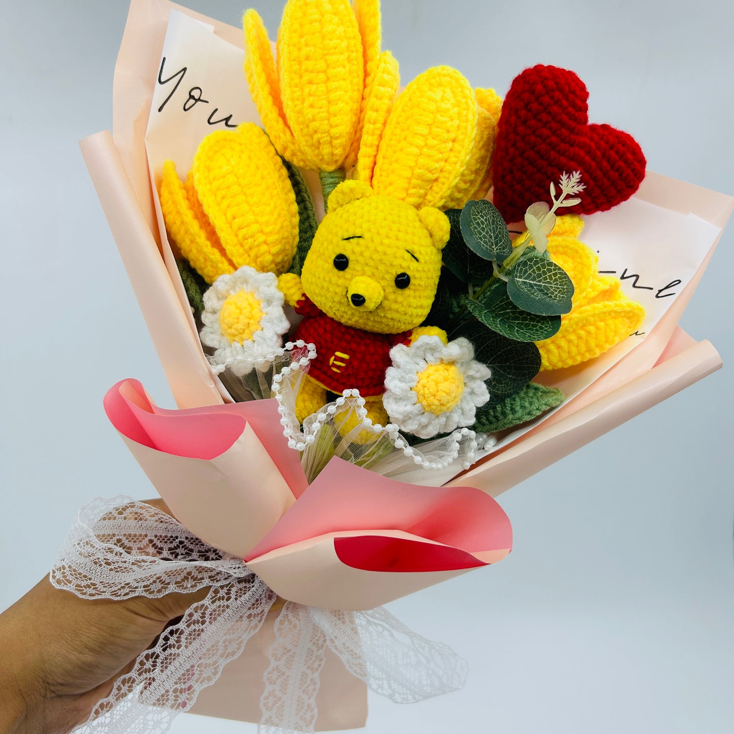 🧸 Handmade Crochet  Bear pooh Flower Bouquet – Knitted Yellow Tulips & Daisies Gift with Heart for Birthday, Anniversary, or Home Décor