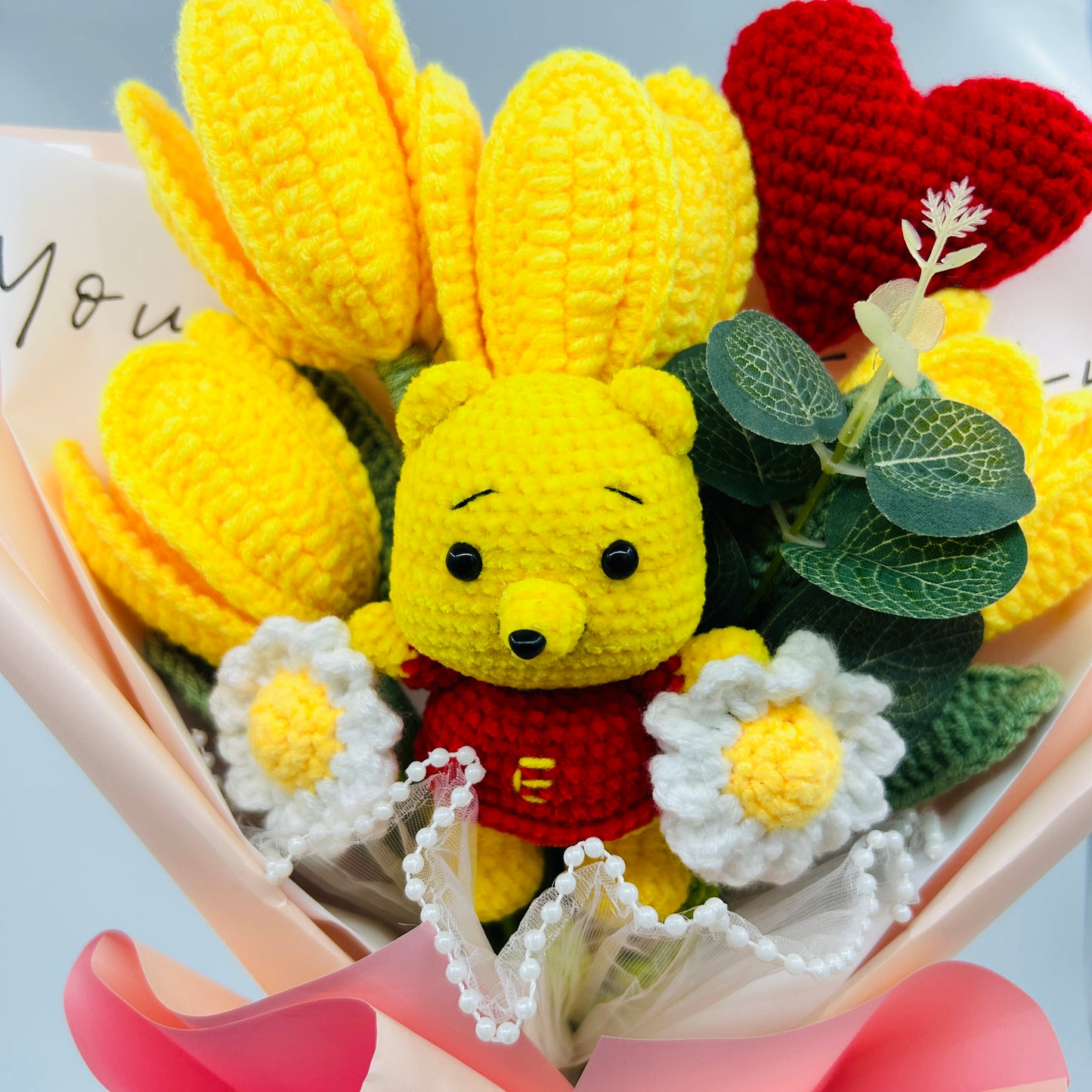 🧸 Handmade Crochet  Bear pooh Flower Bouquet – Knitted Yellow Tulips & Daisies Gift with Heart for Birthday, Anniversary, or Home Décor
