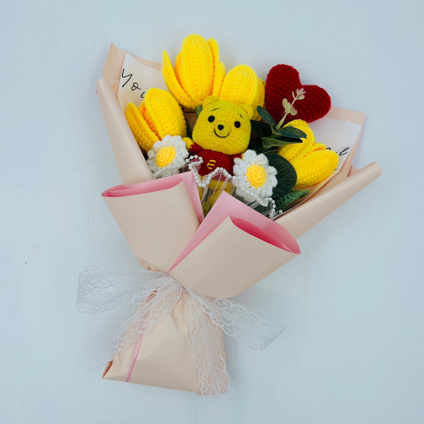 🧸 Handmade Crochet  Bear pooh Flower Bouquet – Knitted Yellow Tulips & Daisies Gift with Heart for Birthday, Anniversary, or Home Décor