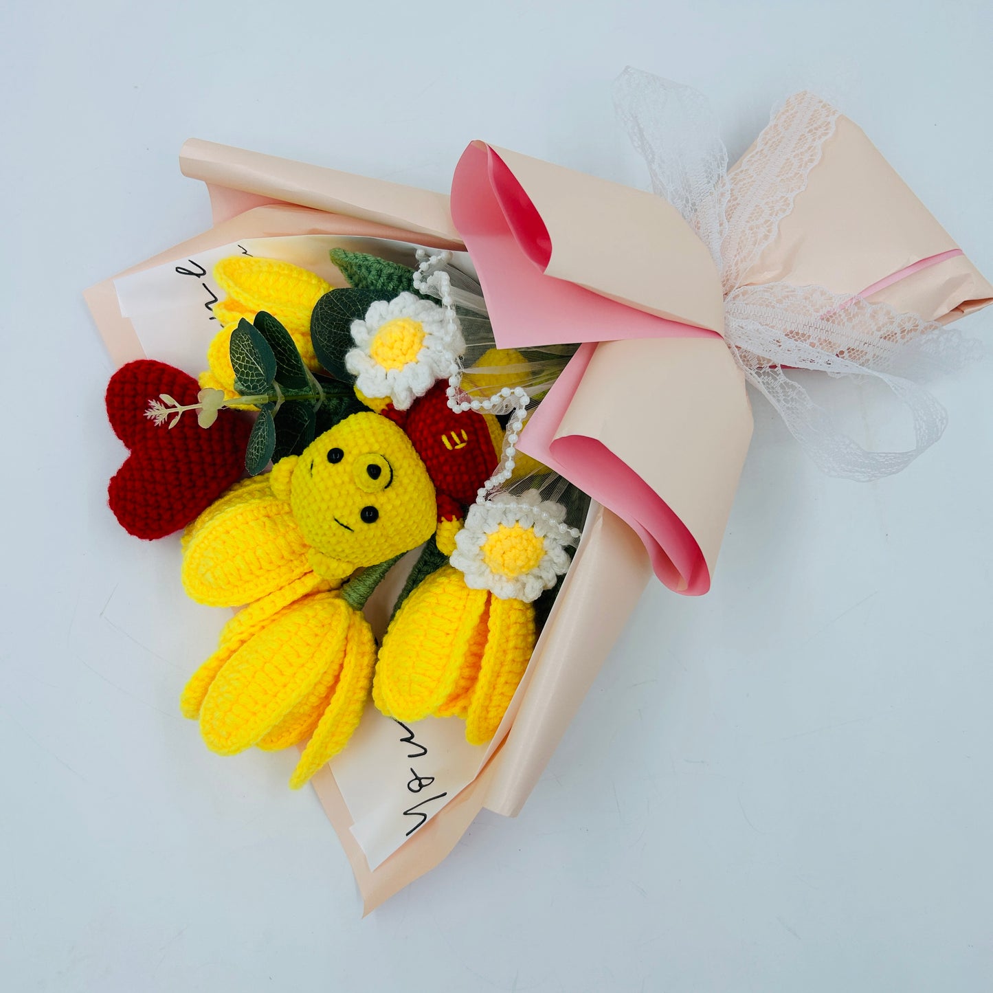 🧸 Handmade Crochet  Bear pooh Flower Bouquet – Knitted Yellow Tulips & Daisies Gift with Heart for Birthday, Anniversary, or Home Décor