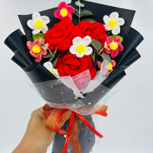 🌹 Handmade Crochet Rose Bouquet – Knitted Red Roses & Daisies Gift for Valentine’s Day, Anniversary, or Home Décor