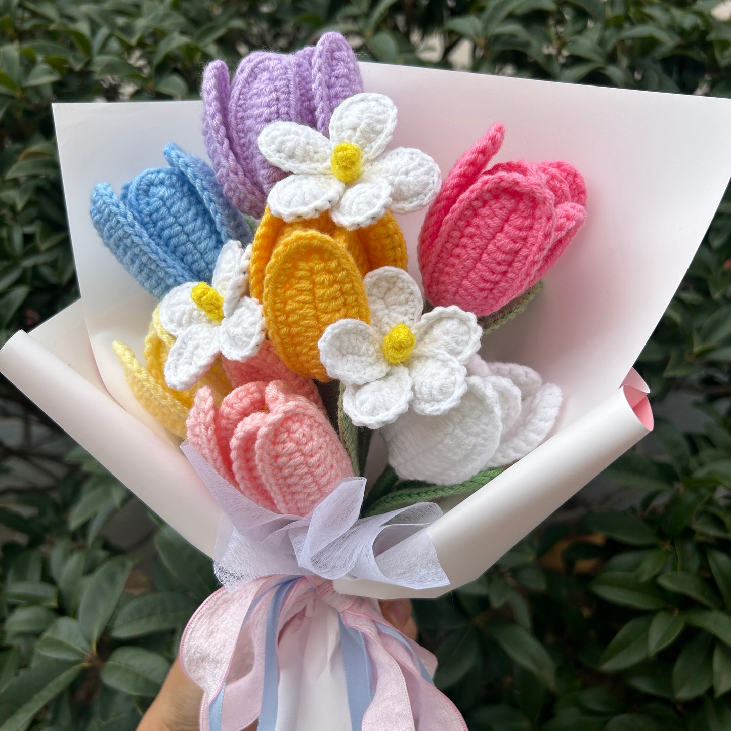 🌸 Handmade Crochet Flower Bouquet – Knitted Tulips & Daisies Gift for Home Décor, Birthday, or Anniversary