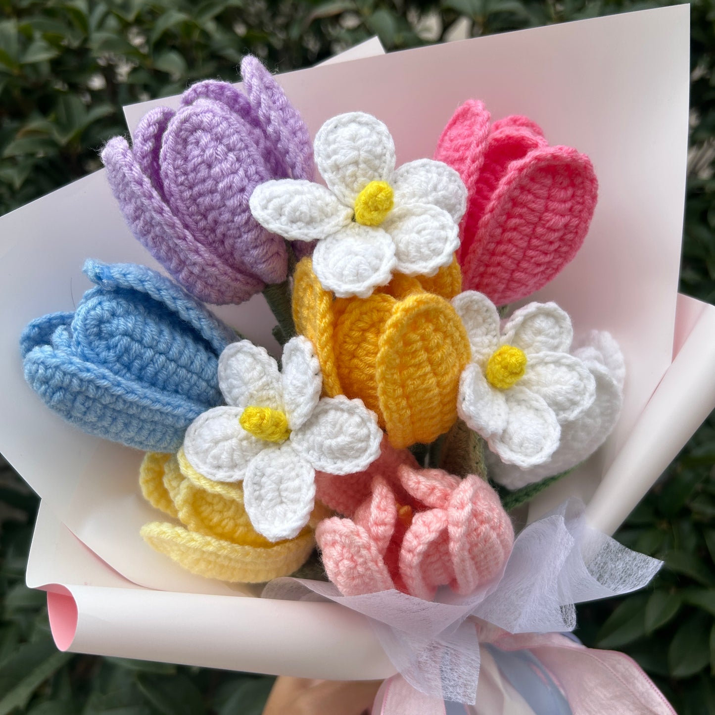 🌸 Handmade Crochet Flower Bouquet – Knitted Tulips & Daisies Gift for Home Décor, Birthday, or Anniversary