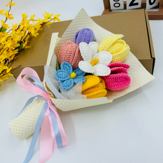 Handmade Crochet Flower Bouquet – Colorful Knitted Tulips & Daisies Gift for Home Decor or Special Occasions