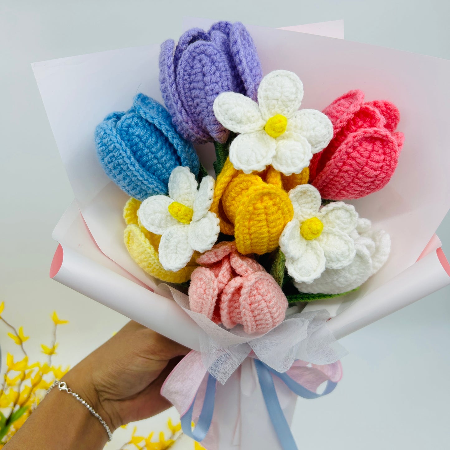 🌸 Handmade Crochet Flower Bouquet – Knitted Tulips & Daisies Gift for Home Décor, Birthday, or Anniversary