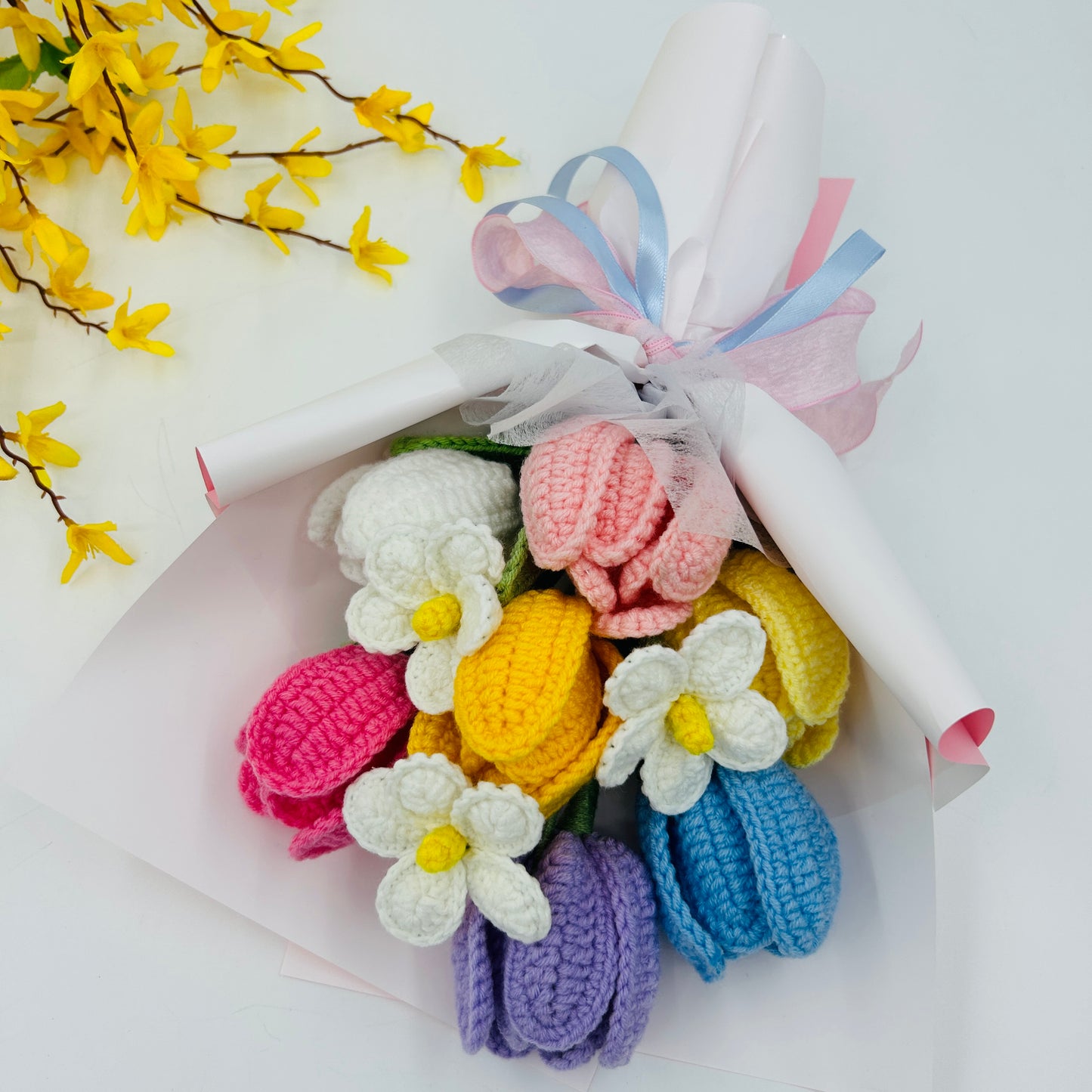 🌸 Handmade Crochet Flower Bouquet – Knitted Tulips & Daisies Gift for Home Décor, Birthday, or Anniversary