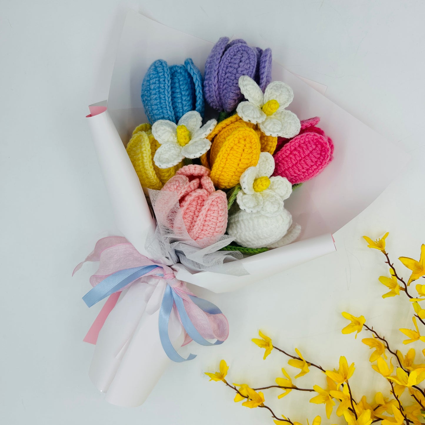 🌸 Handmade Crochet Flower Bouquet – Knitted Tulips & Daisies Gift for Home Décor, Birthday, or Anniversary