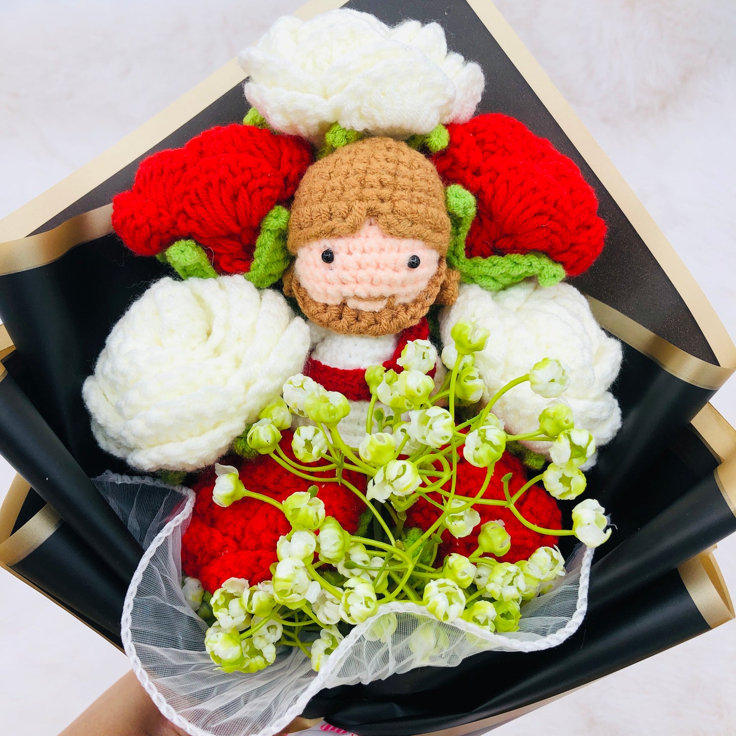 Handmade Crochet Jesus Rose Bouquet, Jesus Christmas Mother's Day Gift, Fake Flower Arrangement, Party Decoration, Halloween Thanksgiving