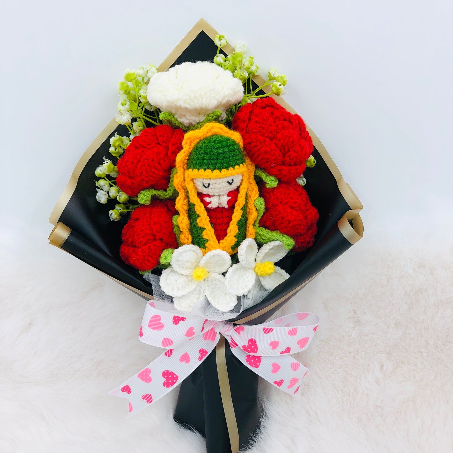 Handmade Crochet Virgin Mary Rose Bouquet, Mother's Day Gift, Valentine's Day Decoration, Christmas Halloween Thanksgiving Decor, Fake Flower Arrangement