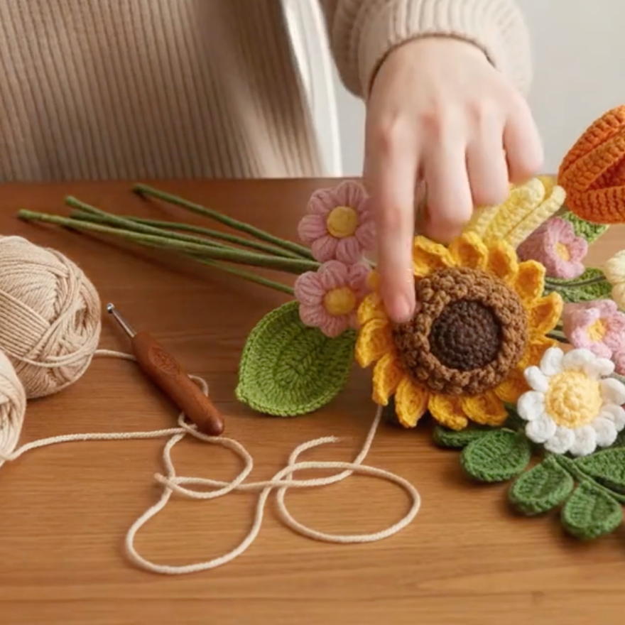 Crochet Flower Bouquet Vase, Handmade Knitted Flowers, Forever Floral Decor