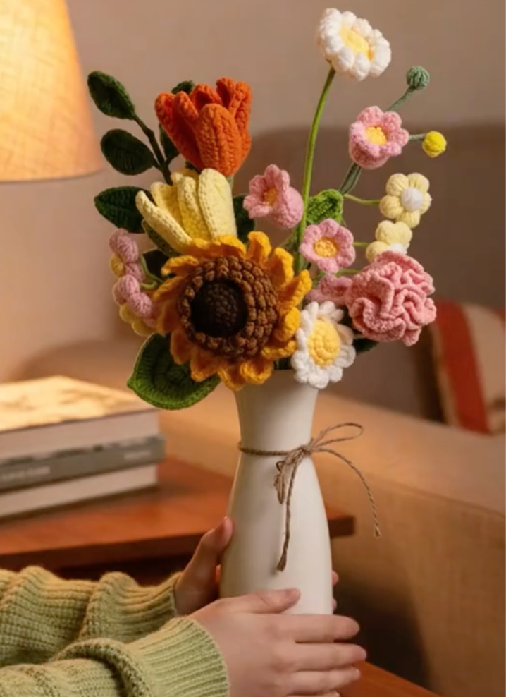 Crochet Flower Bouquet Vase, Handmade Knitted Flowers, Forever Floral Decor