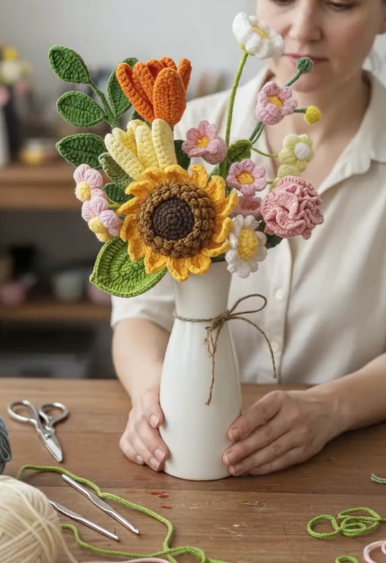Crochet Flower Bouquet Vase, Handmade Knitted Flowers, Forever Floral Decor