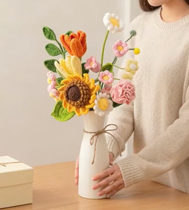 Crochet Flower Bouquet Vase, Handmade Knitted Flowers, Forever Floral Decor