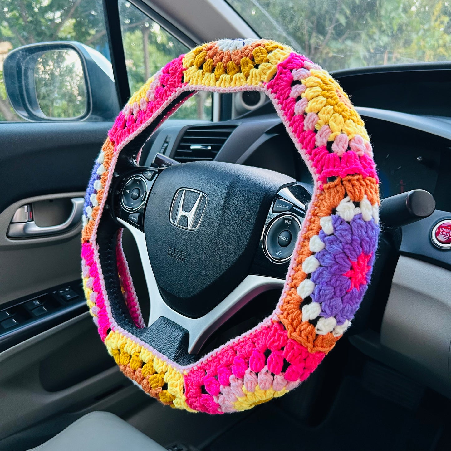 Steering Wheel Cover for women, Crochet Colorful flower seat belt Cover, Car Accessories decorations