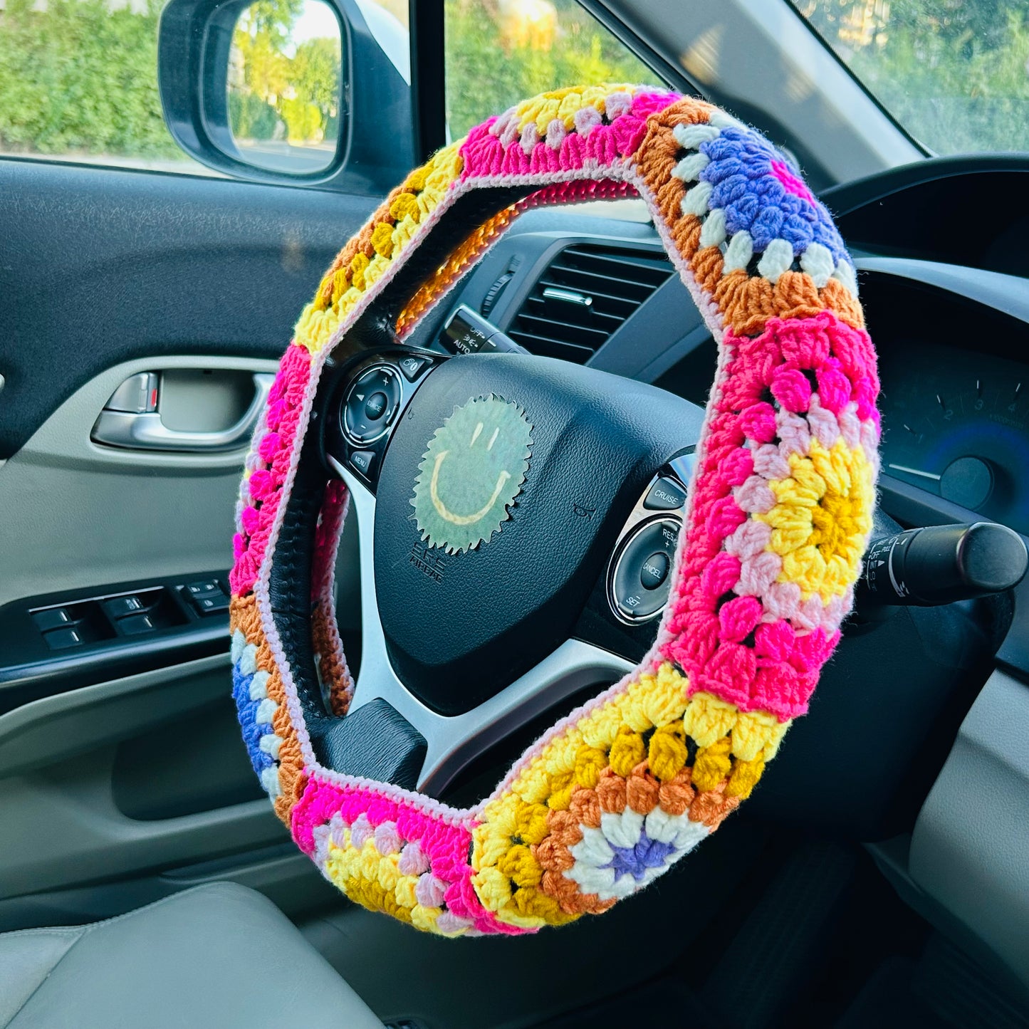 Steering Wheel Cover for women, Crochet Colorful flower seat belt Cover, Car Accessories decorations