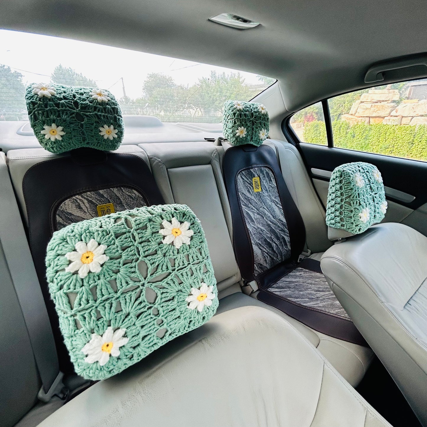 Headrest Covers, Steering Wheel Cover, Crochet Green Daisy Car Seat Headrest Covers ,Seatbelt cover For Women