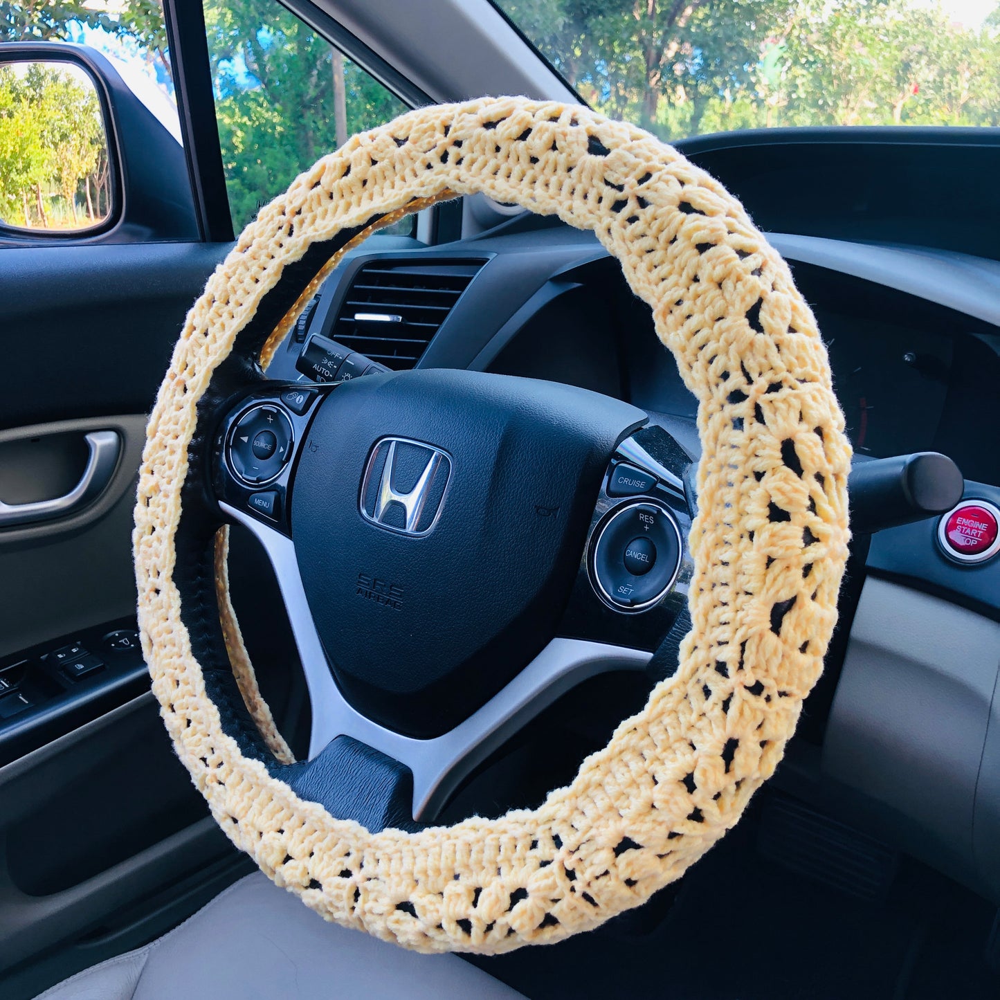 Steering Wheel Cover for women, Crochet yellow flower seat belt Cover, Car Accessories decorations