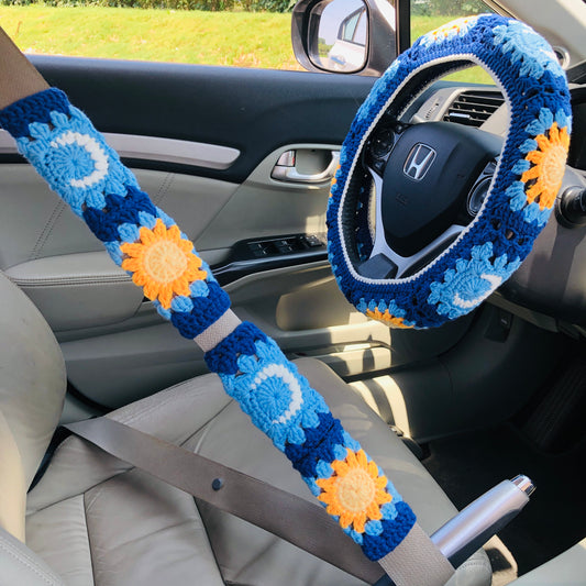 Steering Wheel Cover for women, Crochet star moon flower seat belt Cover, Car Accessories decorations