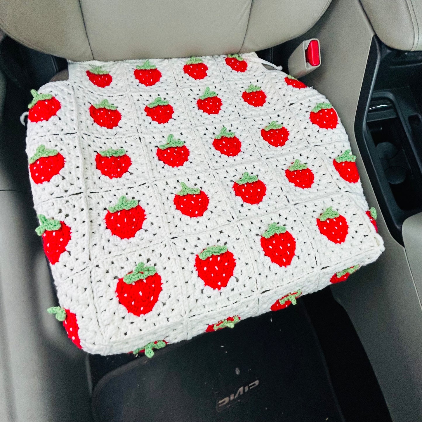 Crochet Car Decoration Set, Crochet Strawberry Steering Wheel Cover, Seat belt Cover, Headrest covers Crochet seats cover for cars