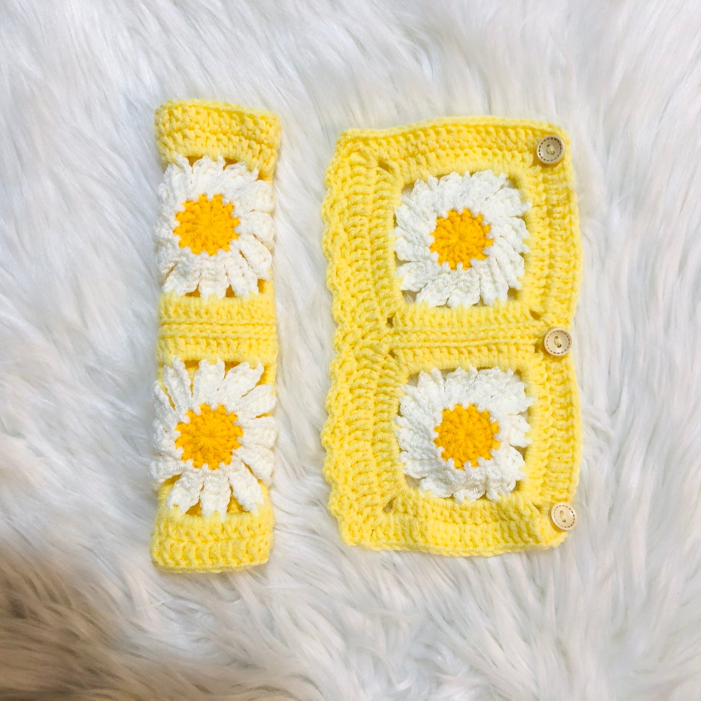 Steering Wheel Cover for women, Crochet yellow daisy flower seat belt Cover, Car Accessories decorations