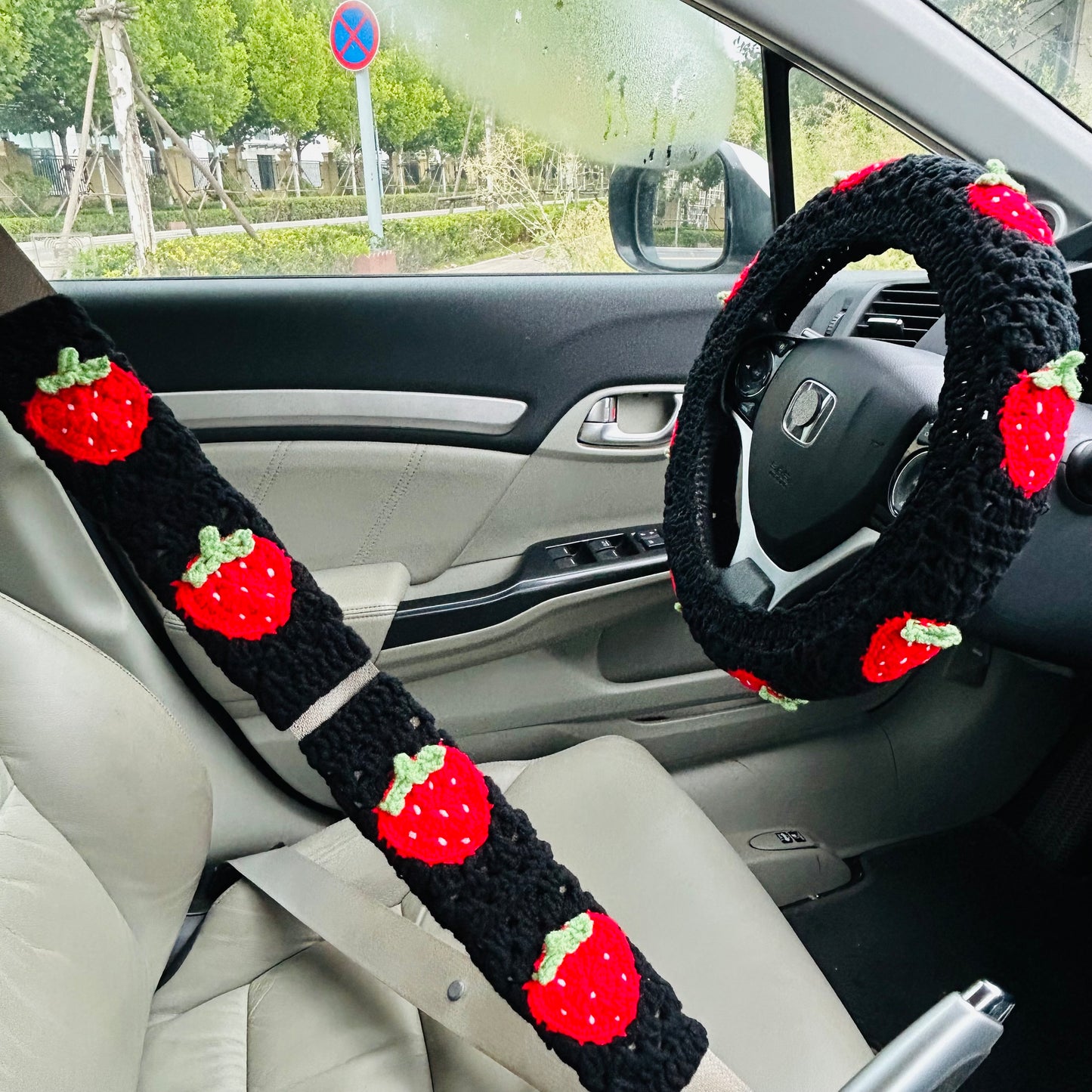 Steering Wheel Cover for women, Crochet cute black Strawberry flower seat belt Cover, Car Accessories decorations