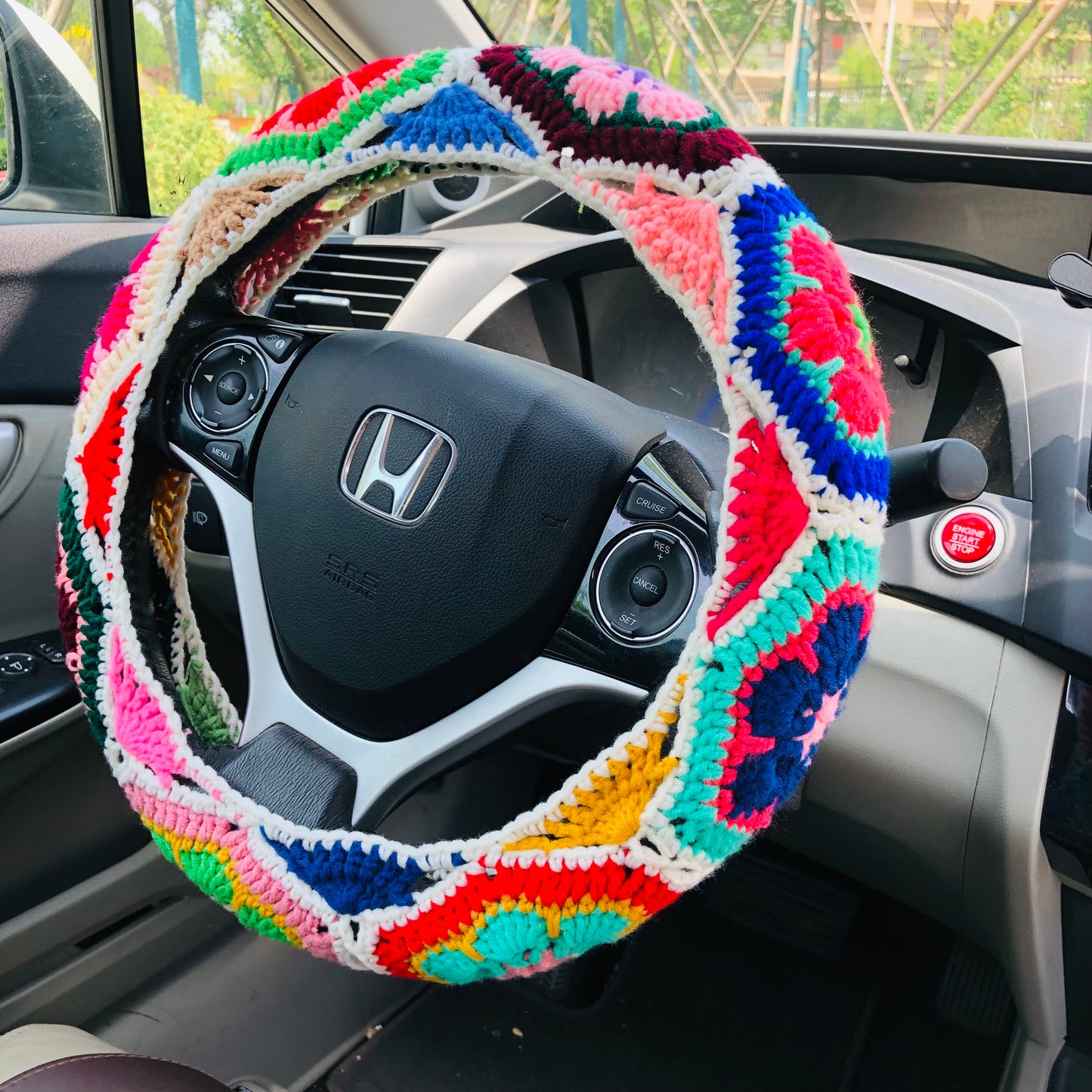 Steering Wheel Cover for women, Crochet cute Colorful flower seat belt Cover, Car Accessories decorations