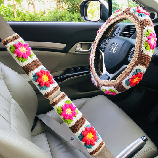 Steering Wheel Cover for women, Crochet Brown buff flower seat belt Cover, Car Accessories decorations