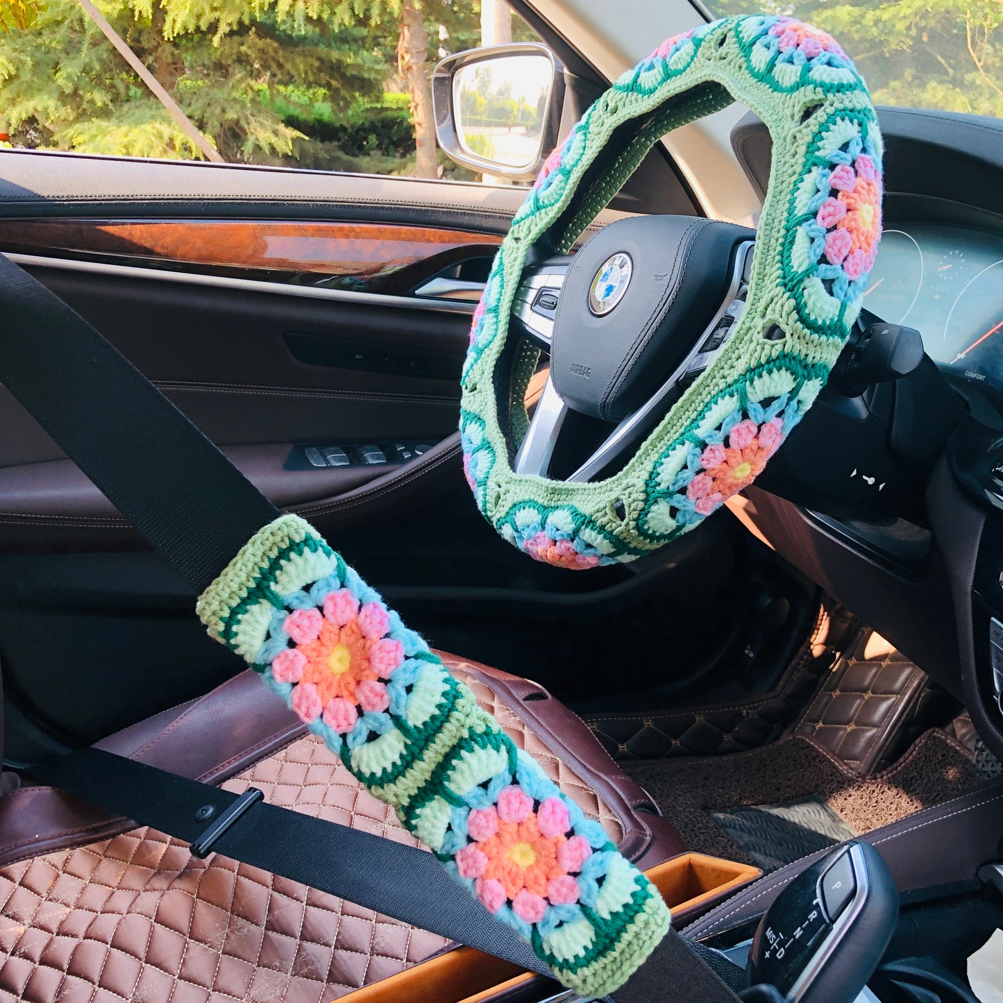 Steering Wheel Cover for women, Crochet Galsang Green flower seat belt Cover, Car Accessories decorations