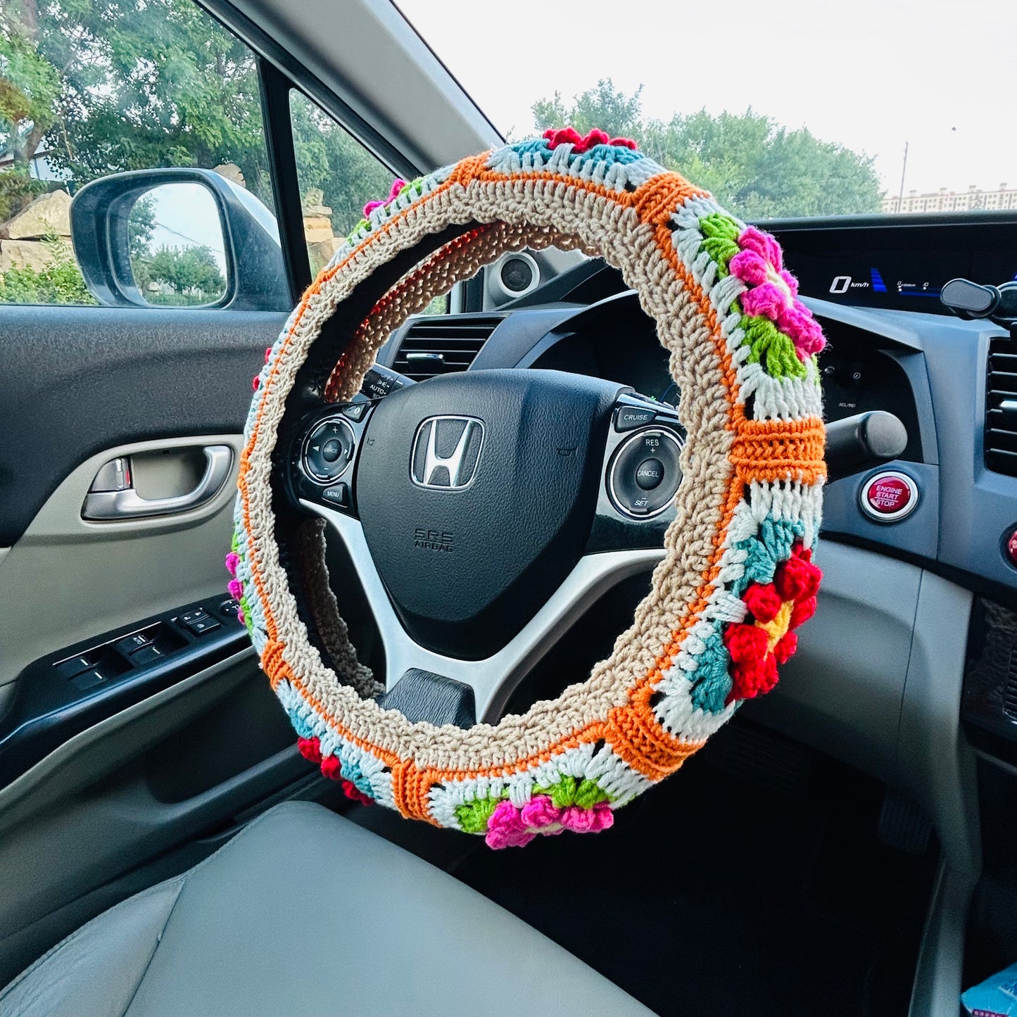 Steering Wheel Cover for women, Crochet Ginger puff  light brown flower seat belt Cover, Car Accessories decorations