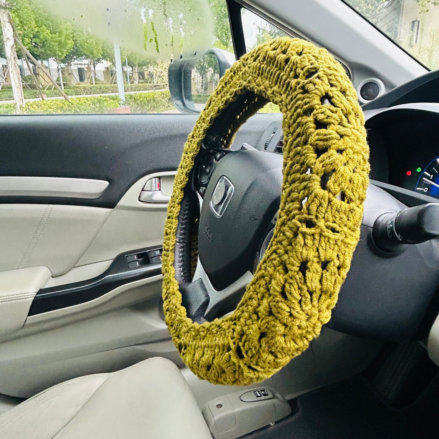 Steering Wheel Cover for women, Crochet Simple Olive Green flower seat belt Cover, Car Accessories decorations