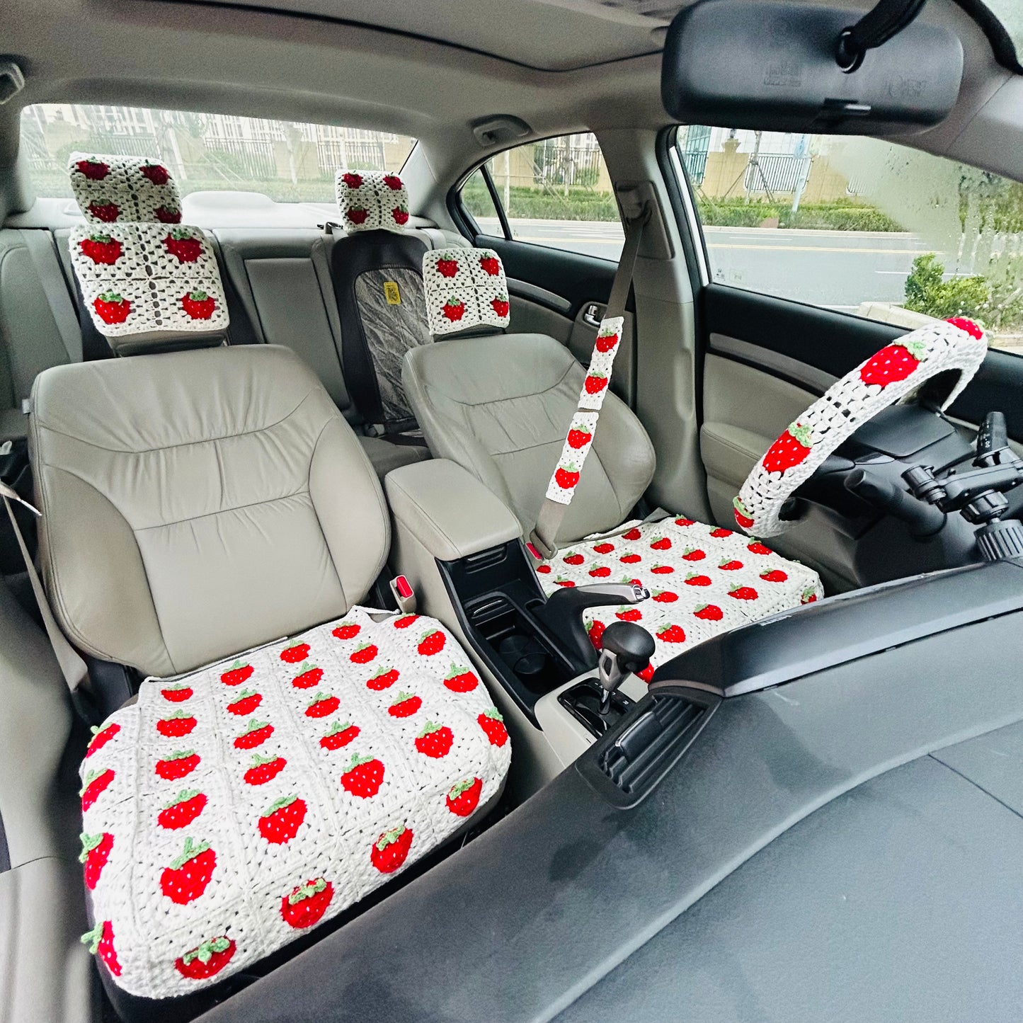 Crochet Car Decoration Set, Crochet Strawberry Steering Wheel Cover, Seat belt Cover, Headrest covers Crochet seats cover for cars