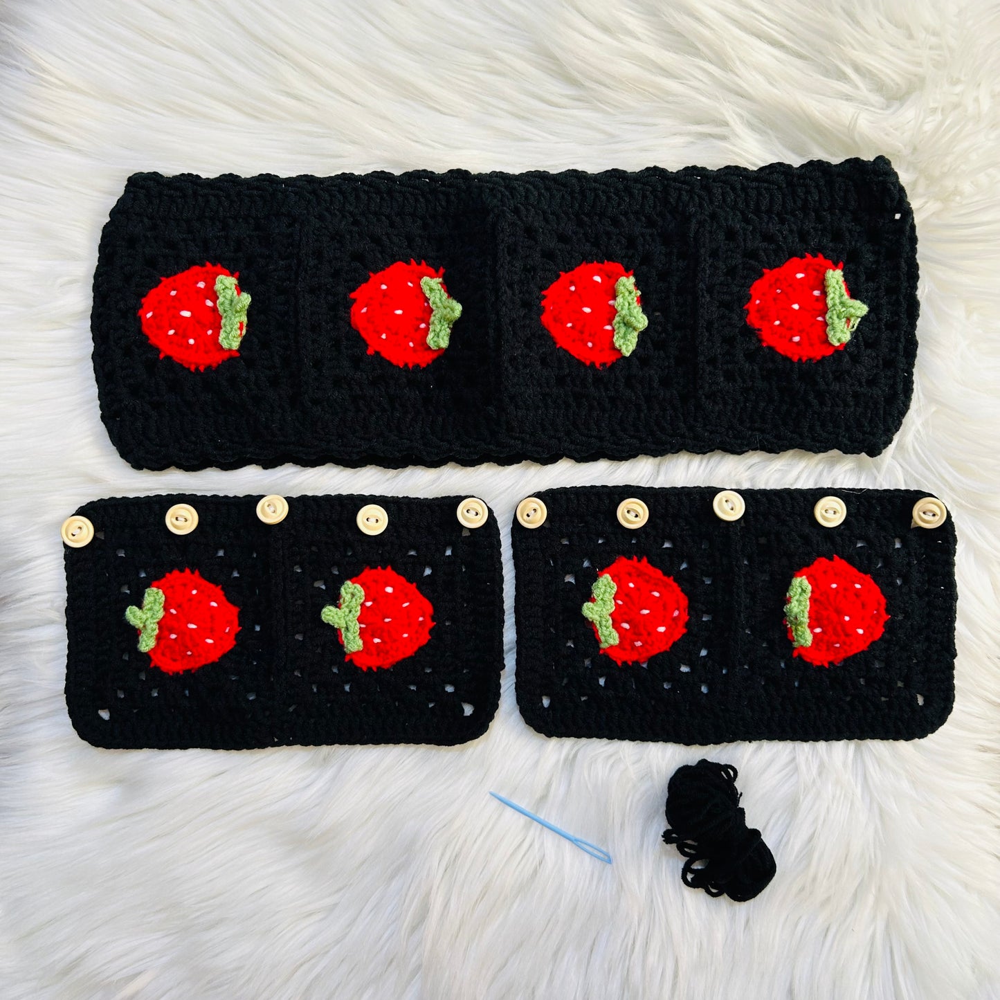 Steering Wheel Cover for women, Crochet cute black Strawberry flower seat belt Cover, Car Accessories decorations