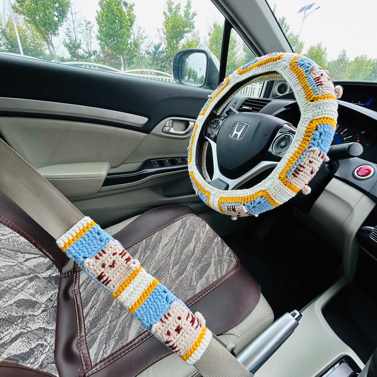 Steering Wheel Cover for women, Crochet cute cat seat belt Cover, Car Accessories decorations