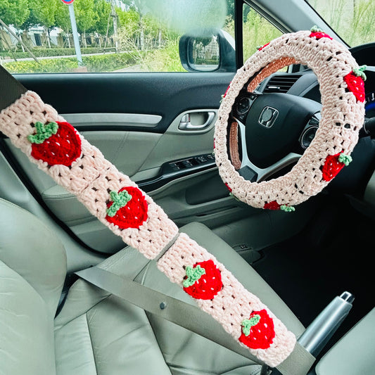 Steering Wheel Cover for women, Crochet cute pink Strawberry flower seat belt Cover, Car Accessories decorations