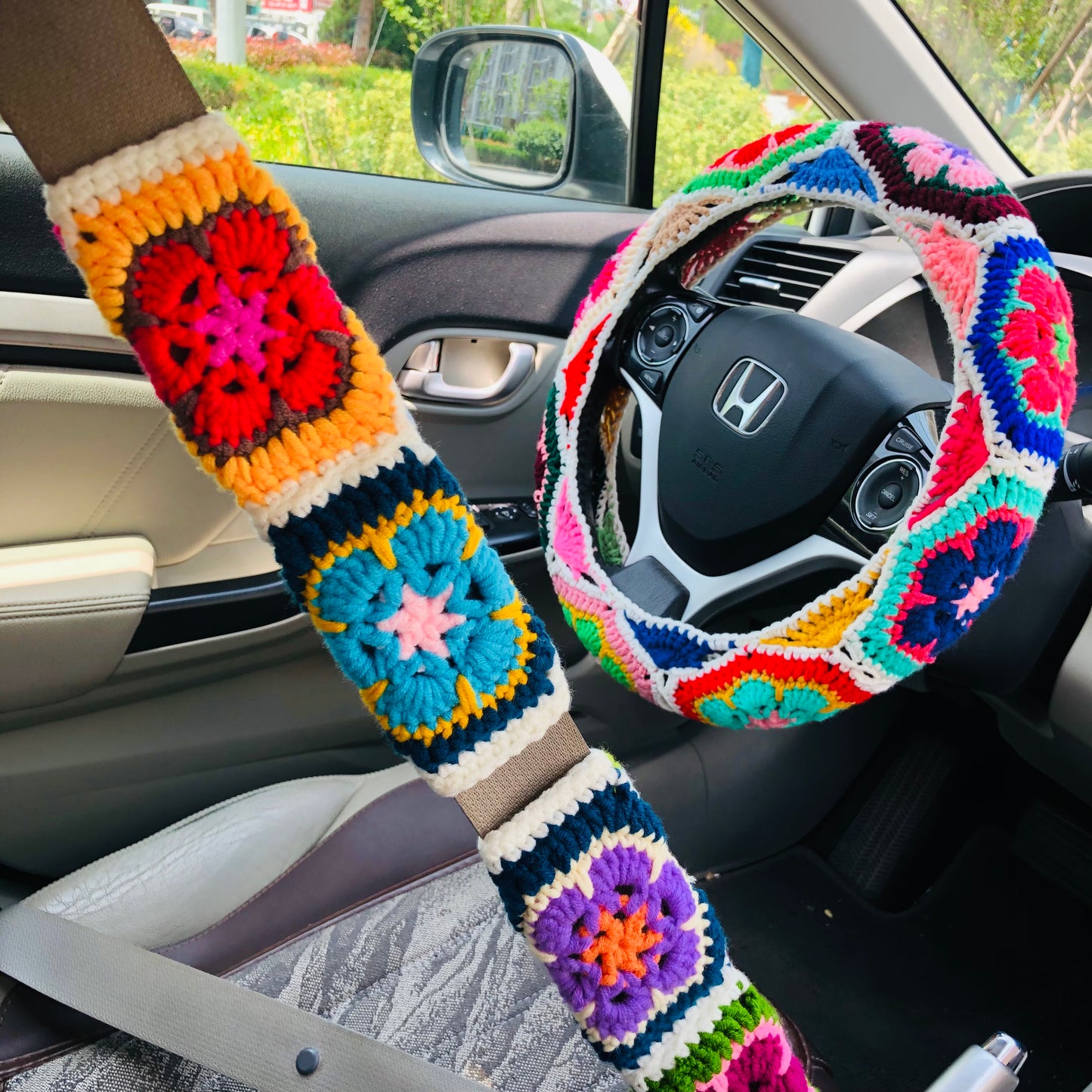 Steering Wheel Cover for women, Crochet cute Colorful flower seat belt Cover, Car Accessories decorations