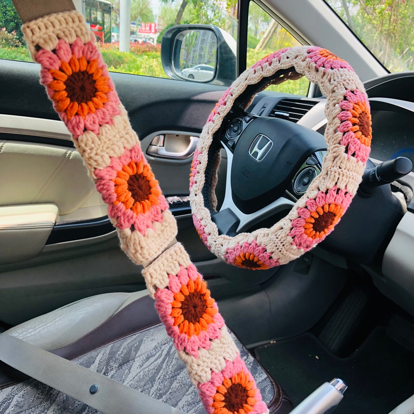 Steering Wheel Cover for women, Crochet vintage flower seat belt Cover, Car Accessories decorations