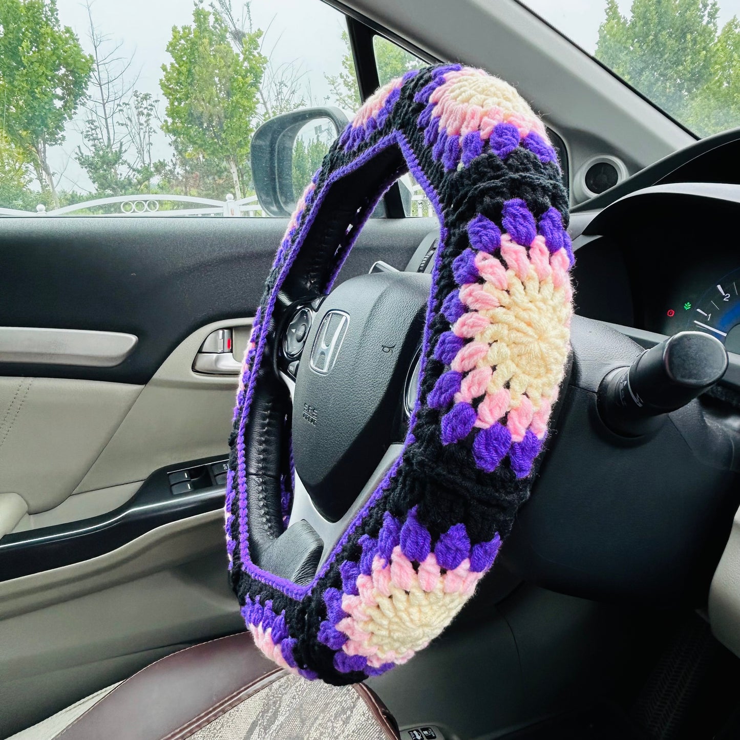 Steering Wheel Cover for women, Crochet Purple flower seat belt Cover, Car Accessories decorations