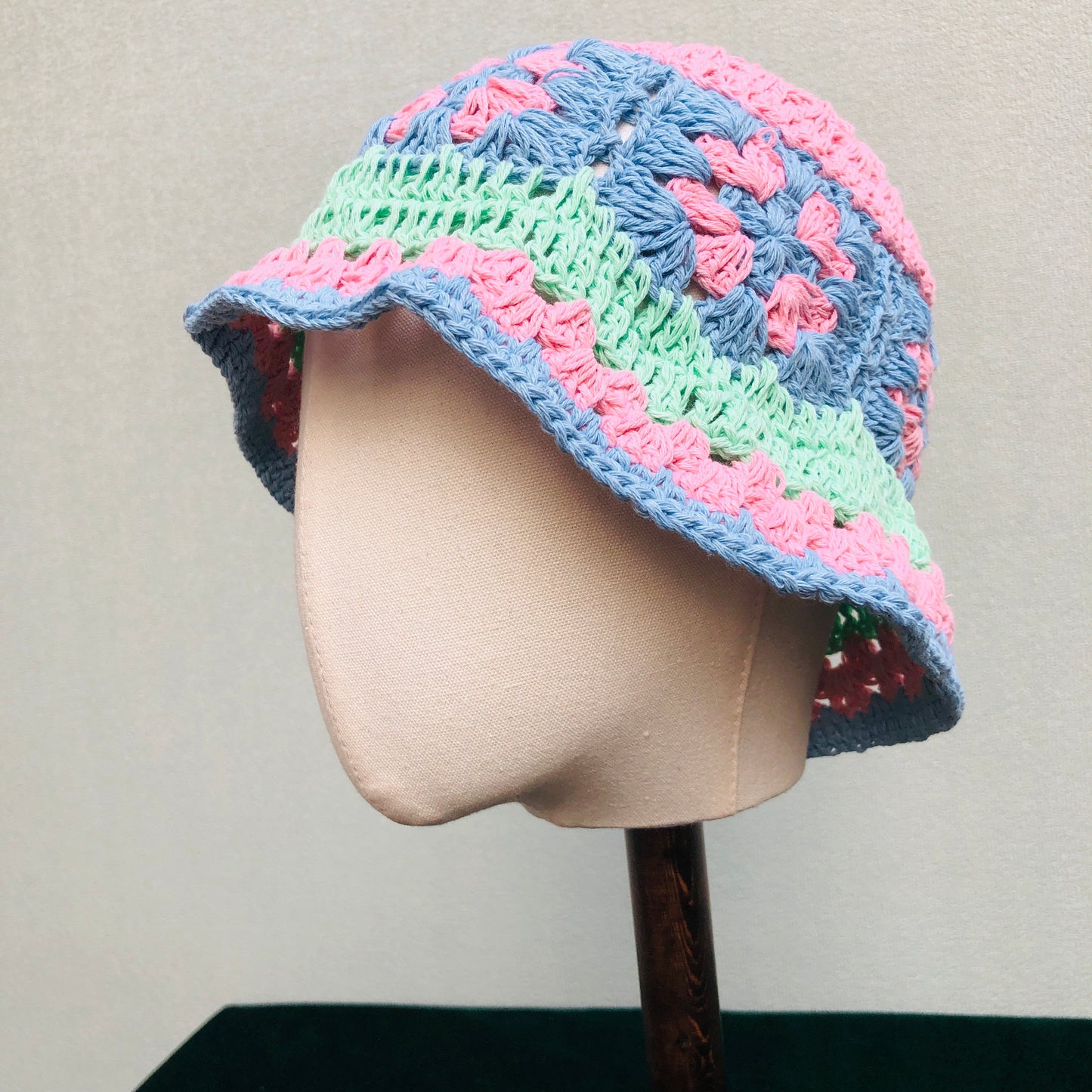 Crochet Hat, Granny Square Bucket Hat, Cute pink Handmade Knitted Hat