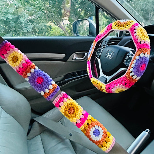 Steering Wheel Cover for women, Crochet Colorful flower seat belt Cover, Car Accessories decorations