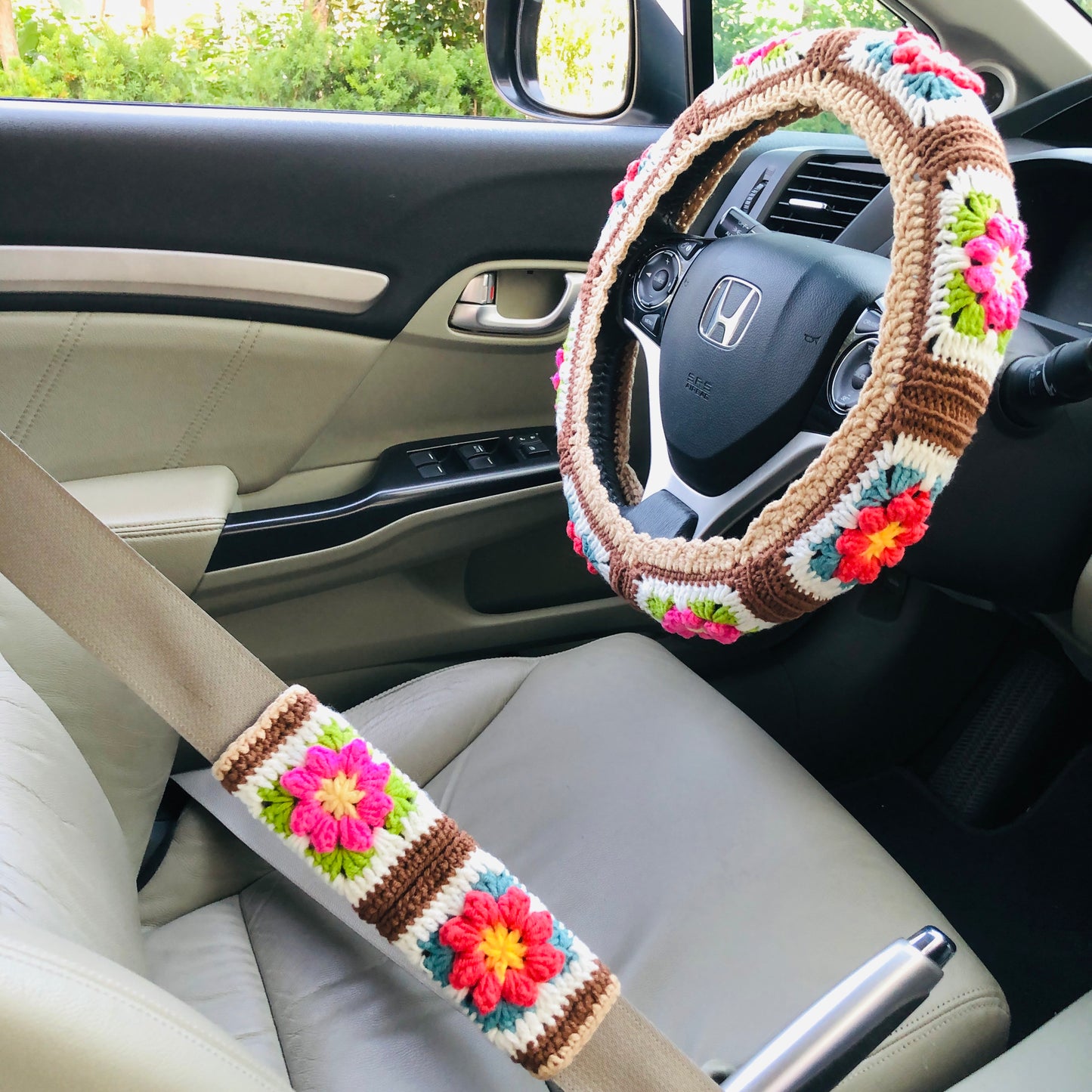 Steering Wheel Cover for women, Crochet Brown buff flower seat belt Cover, Car Accessories decorations